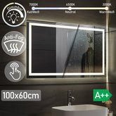 Aquamarin® LED badeværelsesspejl, 100x60 cm, dugfrit, dæmpbart, EEK A++, energibesparende, hukommelsesfunktion
