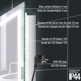 Aquamarine® LED badeværelsesspejl, 90 x 60 cm, dugfrit, dæmpbart, makeupspejl med led touch funktion