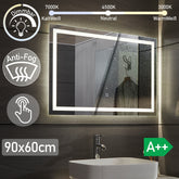 Aquamarine® LED badeværelsesspejl, 90 x 60 cm, dugfrit, dæmpbart, makeupspejl med led touch funktion