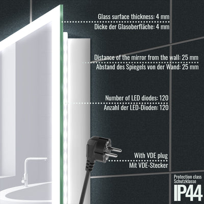 Aquamarine® LED badeværelsesspejl, 50x70 cm, dugfrit, dæmpbart, makeupspejl