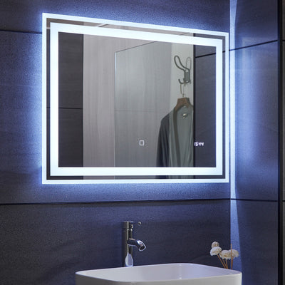 Aquamarine® LED badeværelsesspejl, 80x60 cm, dugfrit, dæmpbart, med digitalt ur/dato, makeupspejl med led