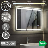 Aquamarine® LED badeværelsesspejl, 80x60 cm, dugfrit, dæmpbart, med digitalt ur/dato, makeupspejl med led