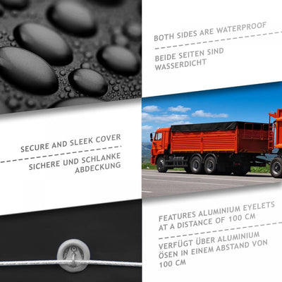 PVC beskyttende presenning til lastbil, 650 g/m², vandtæt og rivefast, aluminiumsøjer, sort, 4 x 5 m, belagt på begge sider