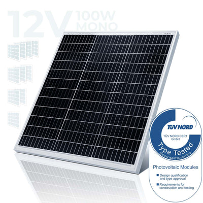 Solpanel monokrystallinsk - 100 W, 18 V til 12 V batterier, solcelle, ladekabel, silicium