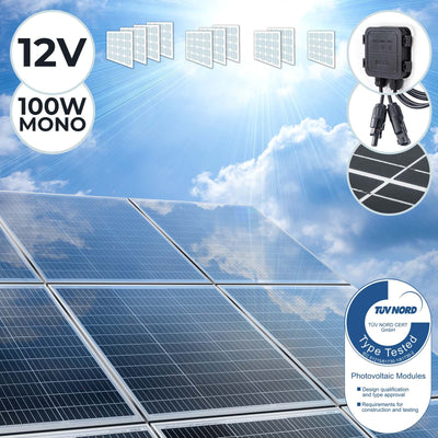 Solpanel monokrystallinsk - 100 W, 18 V til 12 V batterier, solcelle, ladekabel, silicium