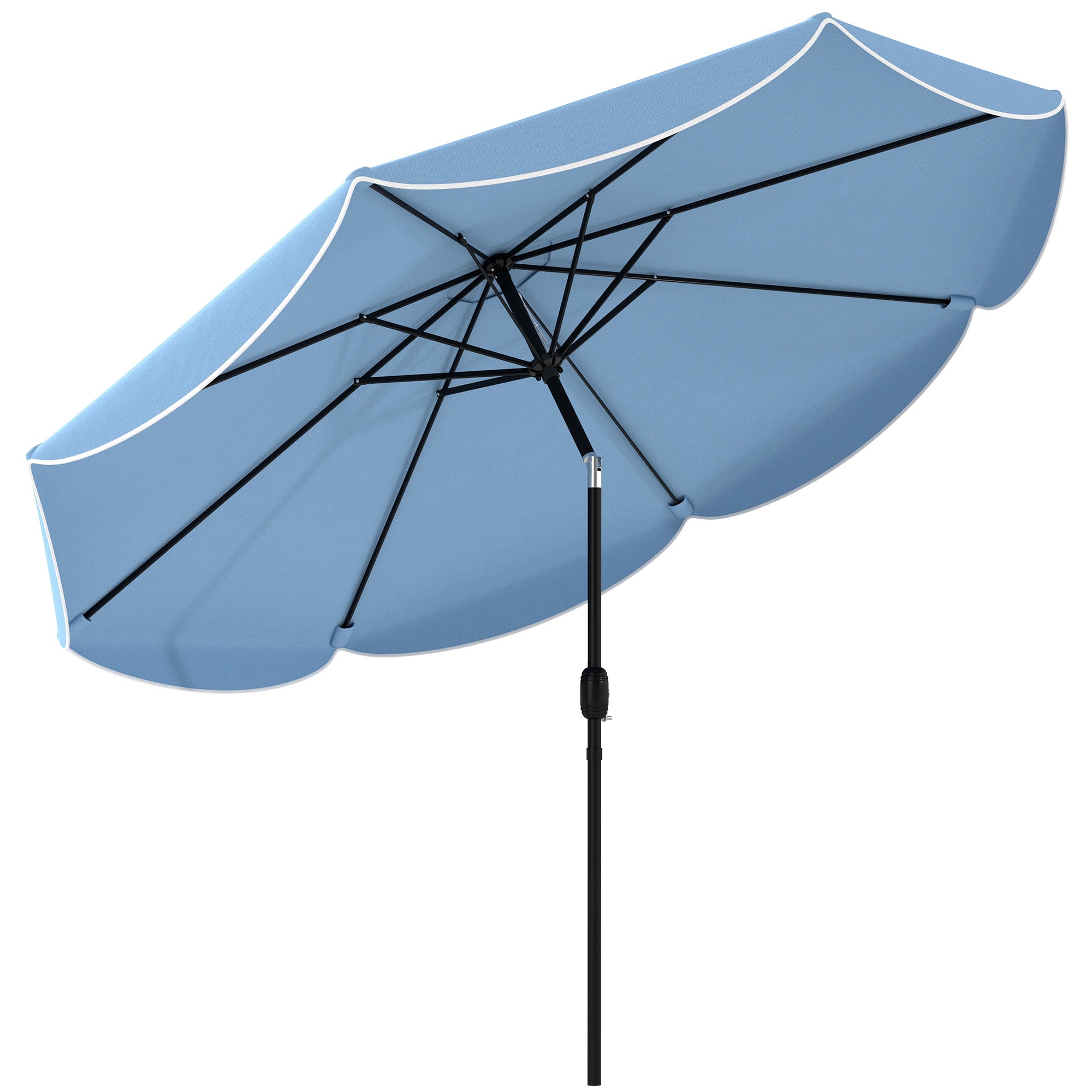 Himmelblå rund parasol med håndsving på en terrasse