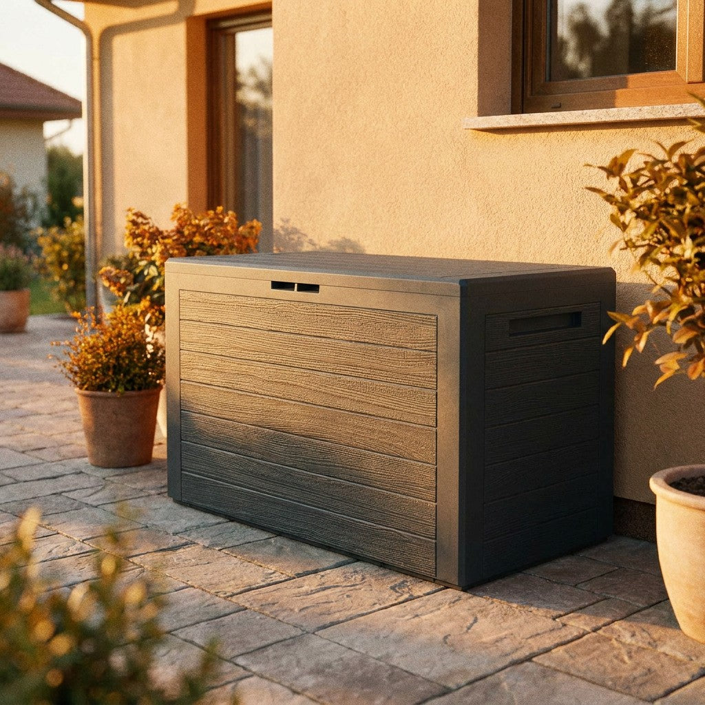 Antracitgrå havekasse på en terrasse til tør opbevaring af haveredskaber og hynder