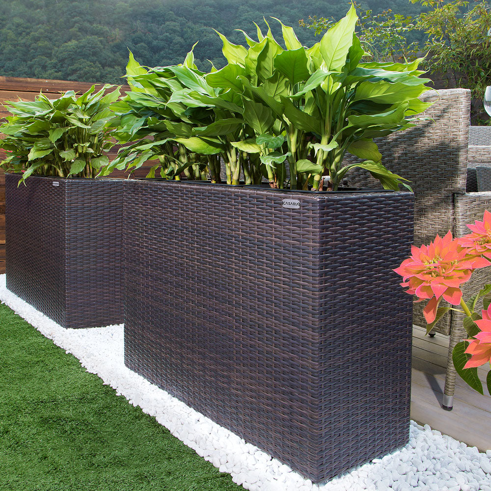Brun polyrattan blomsterkasse på terrasse med store grønne planter