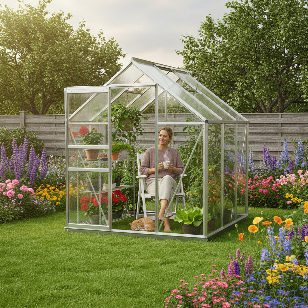 Stort fast drivhus i aluminium og polycarbonat i en frodig blomsterhave med stole og planter indenfor