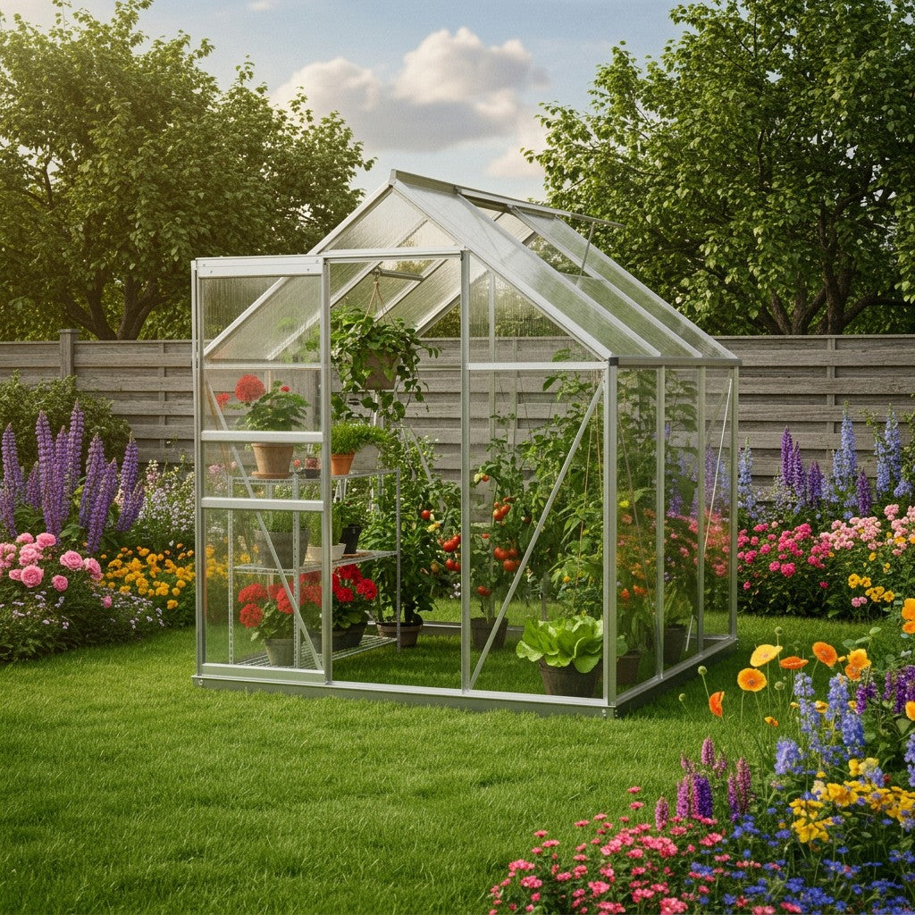 Drivhus i aluminium med polycarbonatplader i en lille grøn have med blomster og græs en lys sommerdag
