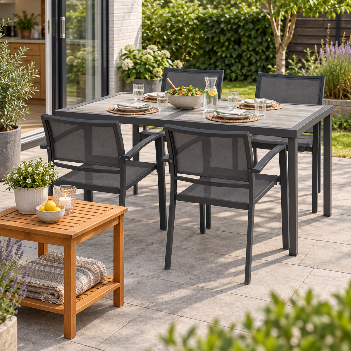 Havebord og stole på en dansk terrasse med plads til hverdagens udendørs måltider