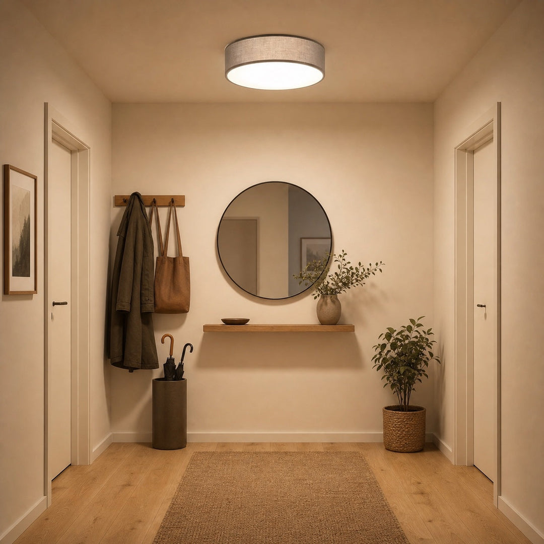 Grå loftlampe oplyser en kort og bred dansk entré med lys helt ud til alle hjørner