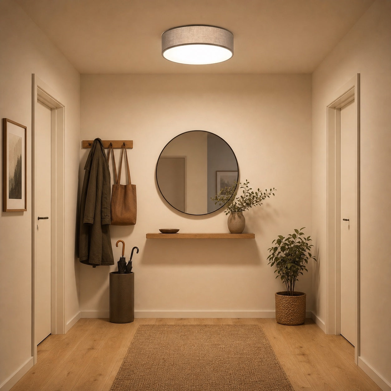 Grå loftlampe oplyser en kort og bred dansk entré med lys helt ud til alle hjørner