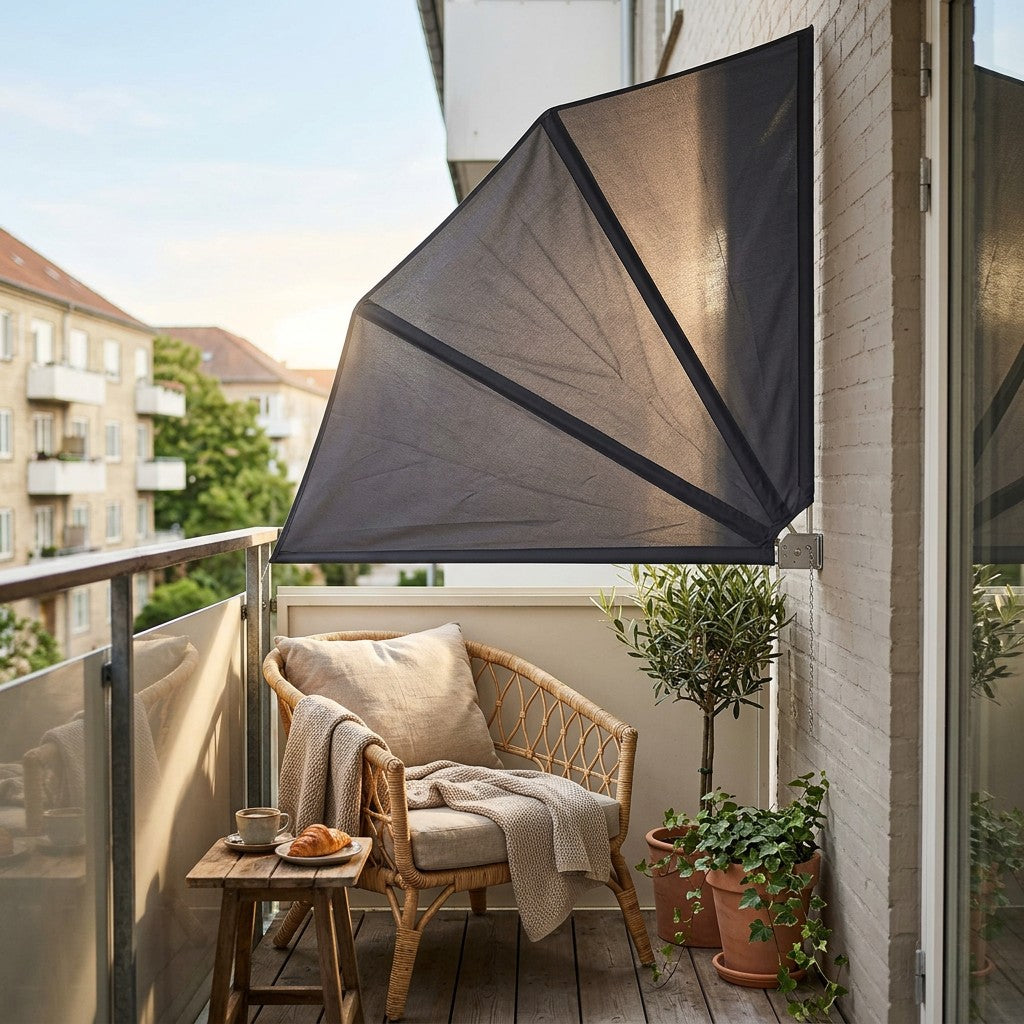 Antracitgrå sammenfoldelig solsejl monteret på en dansk altanvæg giver skygge over en lille loungekrog med rattan-stol og kaffe
