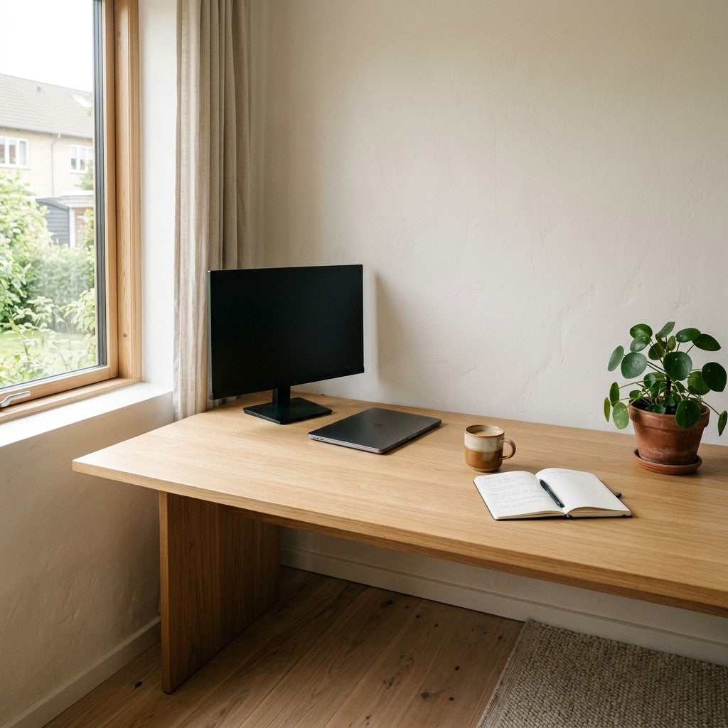 Hjemmekontor med rummeligt kontorbord i træ ved vinduet, skærm i god afstand og fri bordplade til arbejde