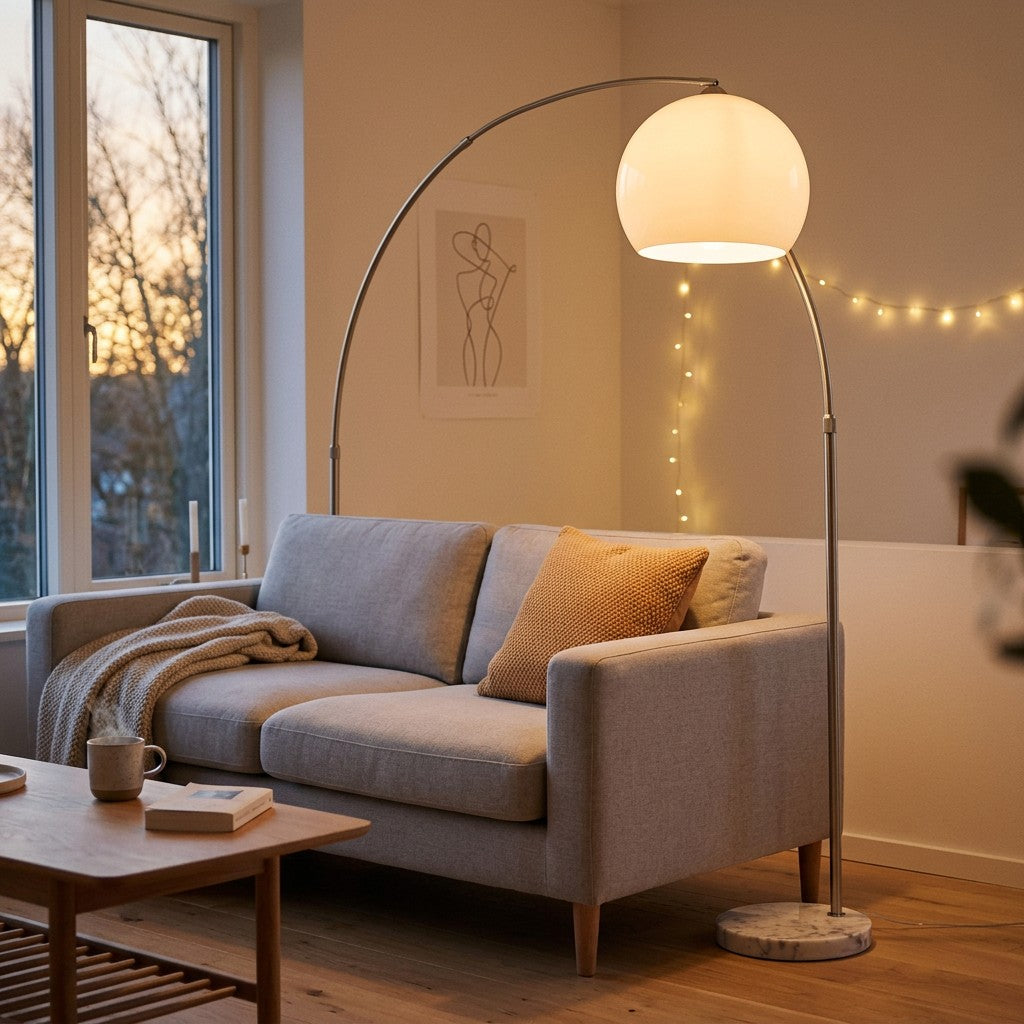 Buet gulvlampe bag en lysegrå sofa med rund opalhvid kugleskærm der hænger ud over sofaen i en hyggelig dansk stue