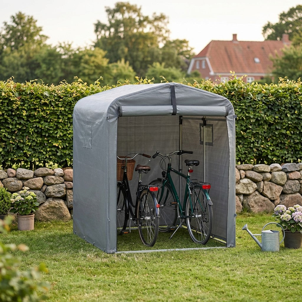 Grå vejrbestandig cykelgarage i stof med to cykler under taget på en flisebelagt terrasse i en have, blødt dagslys