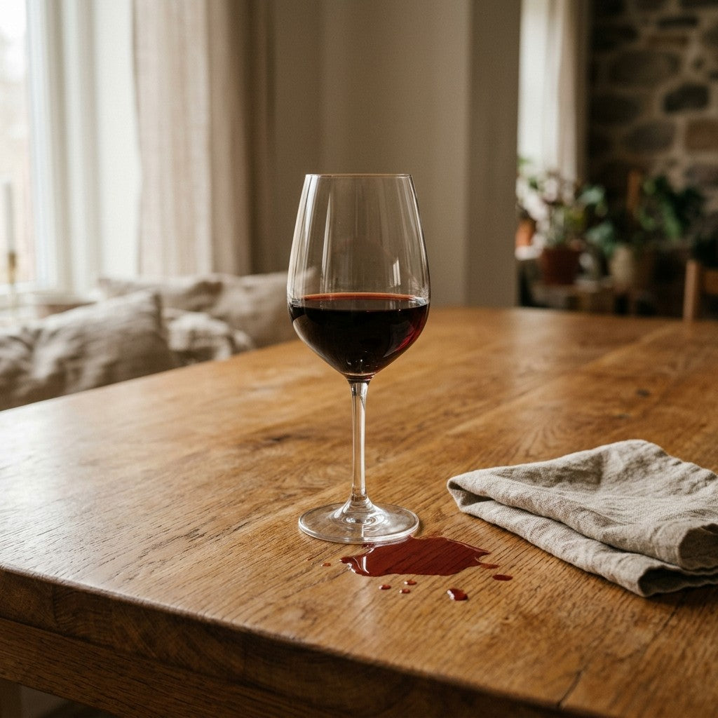 Glas rødvin og en lille spildt rødvinsplet på et varmt olieret egetræsbord med en linnedklud klar ved siden af