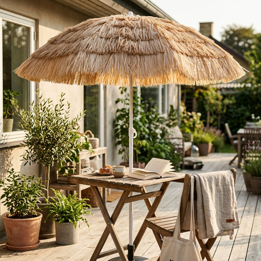 Beige parasol med håndsving åbnet over et kaffebord på en solrig dansk terrasse i eftermiddagslys