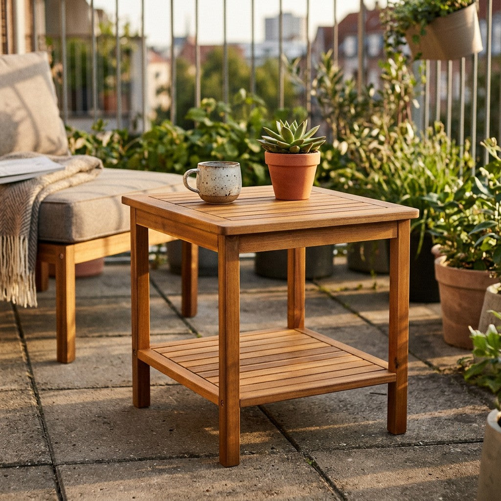 Lille akacietræ havebord der står fast på ujævne terrassefliser i aftensol med kaffekop og potteplante