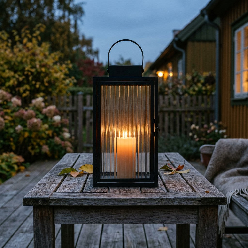 Sort metallanterne med riflet glas og tændt bloklys på et terrassebord i skumringen en tidlig efterårsaften