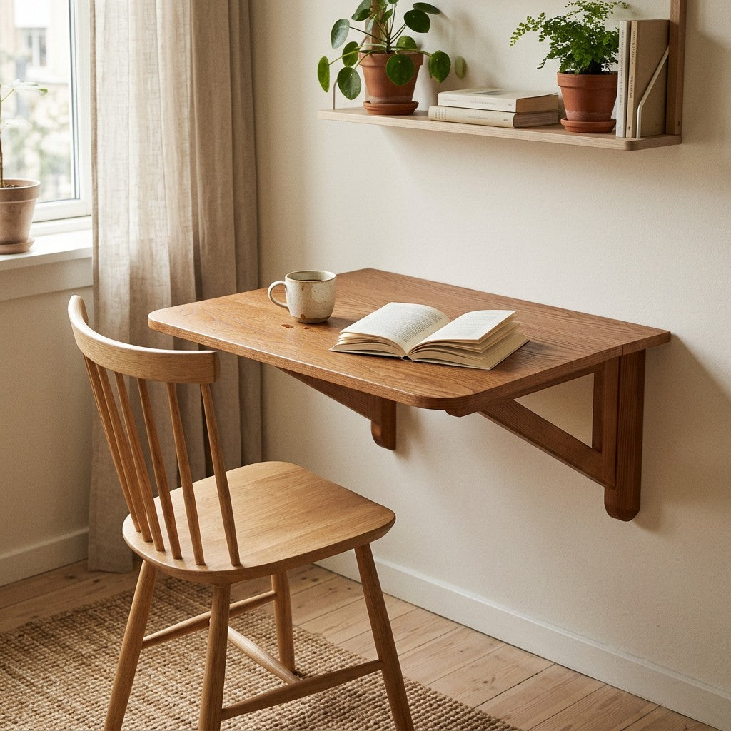 Vægmonteret klapbord i lyst træ foldet ud i en lille skandinavisk lejlighed med morgenlys