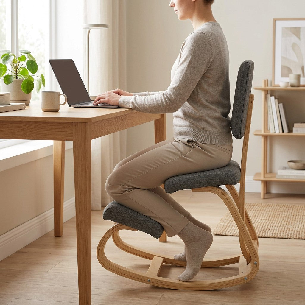 Person sidder oprejst på en ergonomisk knæstol ved skrivebordet i et lyst hjemmekontor