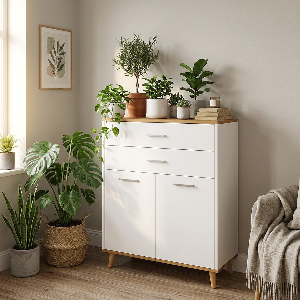 Kommode stylet som grønt hjørne med potteplanter i stuen