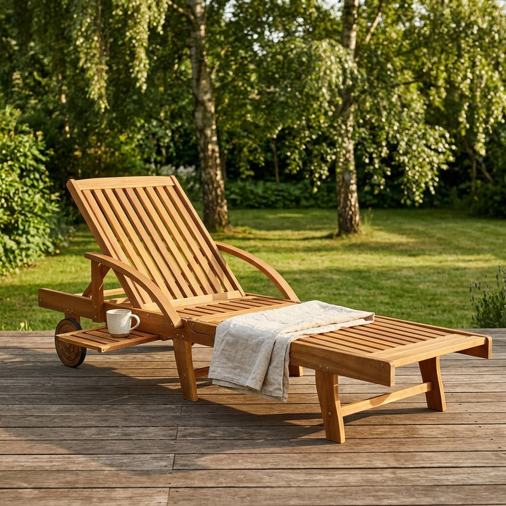 Liggestol i naturligt akacietræ på en terrasse i en grøn dansk sommerhave i eftermiddagssol