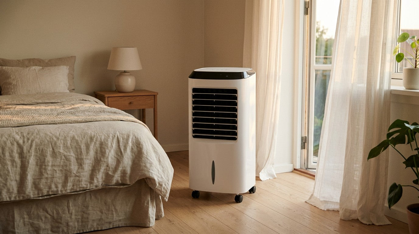 Hvid luftkøler i et lyst dansk soveværelse en varm sommeraften ved sengen og åbent vindue