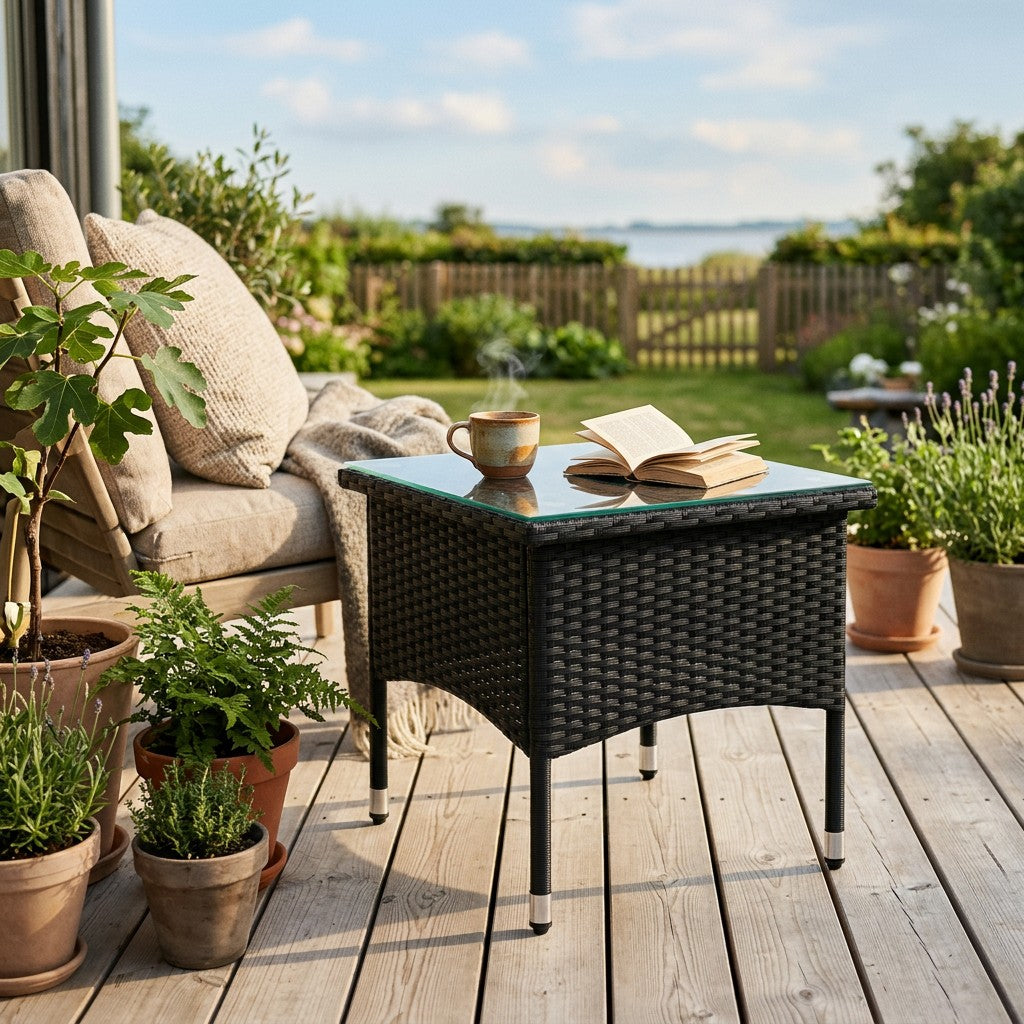 Sort polyrattan sidebord med glasplade på en solrig dansk terrasse med trædæk og grønne planter en sommereftermiddag
