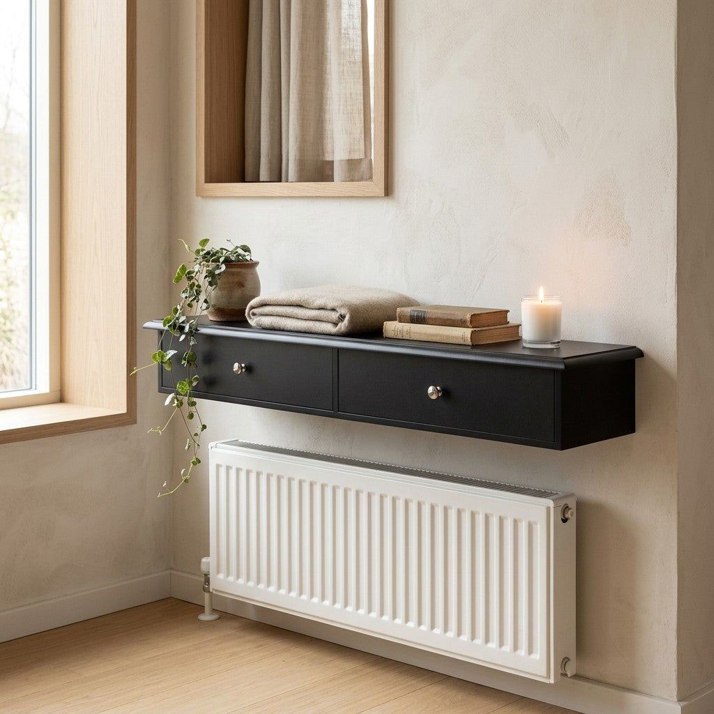 Sort væghylde med skuffer monteret over en radiator under vinduet, med plante, bøger og stearinlys i dansk stue