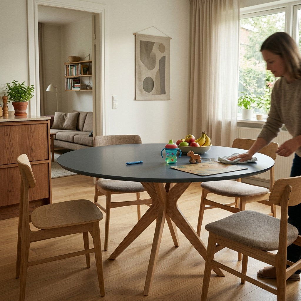 Rundt spisebord med glat grafit bordplade og ben i lyst asketræ i et hyggeligt dansk familiekøkken, nem at tørre ren