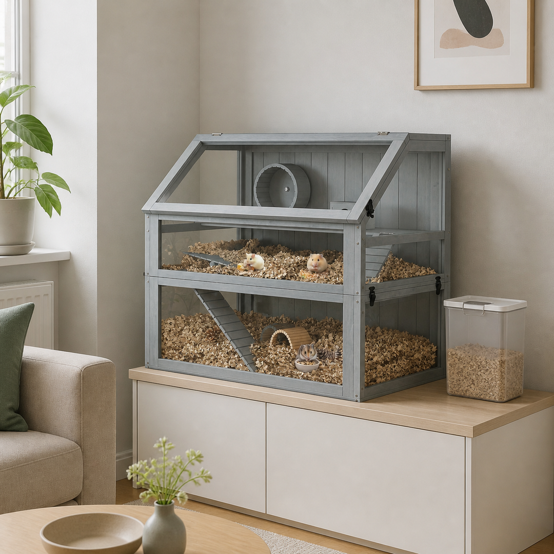det lysegrå hamsterbur i træ i roligt lyst hjørne i en dansk stue, hvor buret står på et stabilt møbel væk fra radiator, direkte sol og højttaler