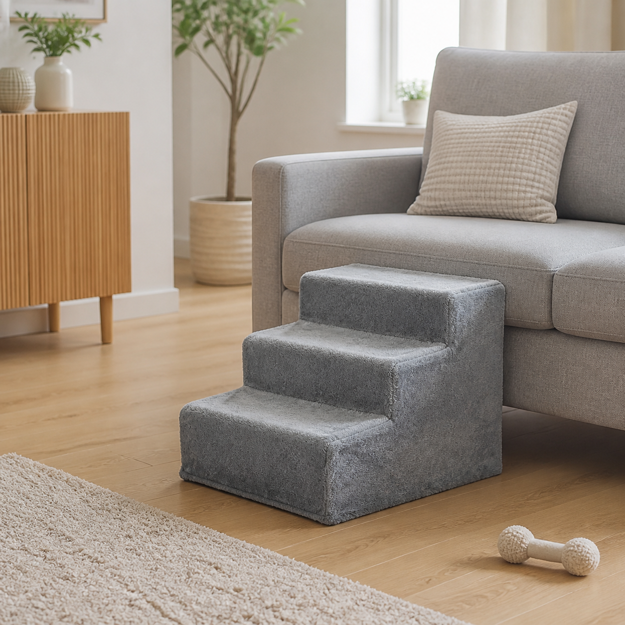 den lysegrå hundetrappe i lys dansk stue, hvor hundetrappen står plant og tæt mod siden af en 44 cm høj sofa med fri passage ved siden af