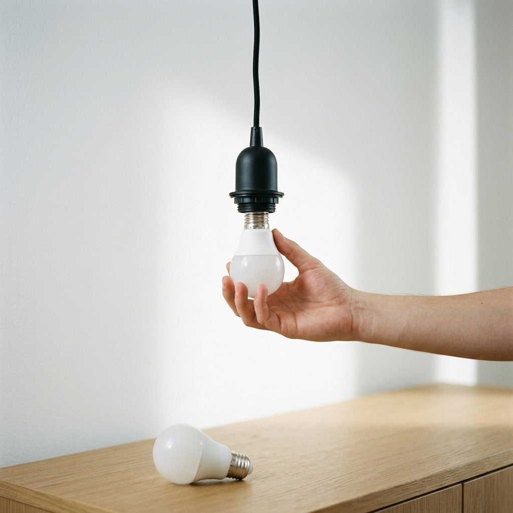 Haand skruer en mat E27 LED-paere i en moderne sort pendelfatning