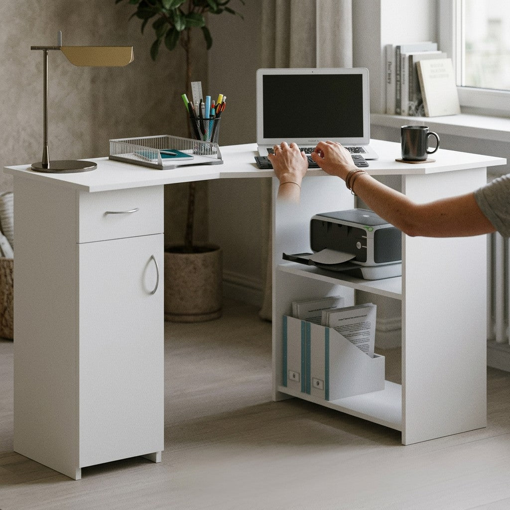 Haender skriver paa tastatur ved hvidt hjoerneskrivebord der staar helt fast