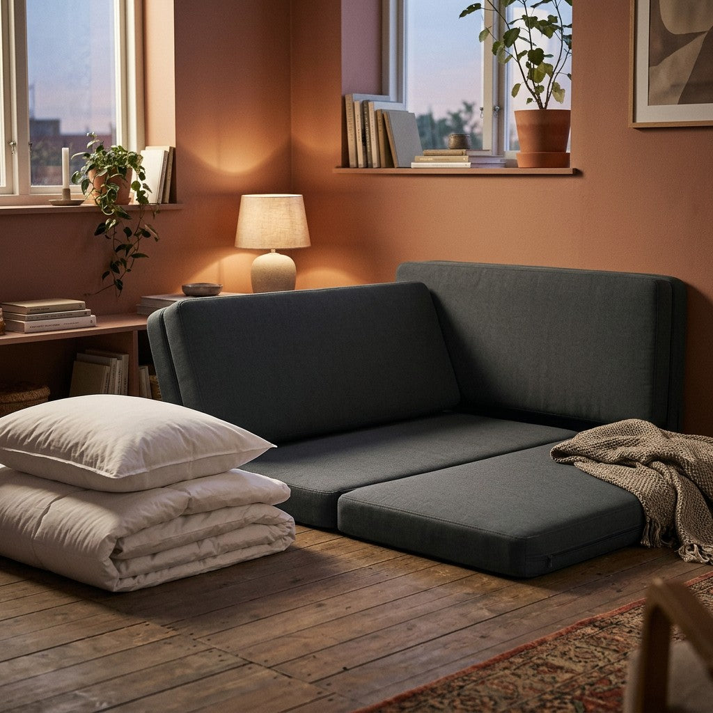 3-i-1 foldbar gaestemadras i moerkegraa staar som lav sofa i en lille stue