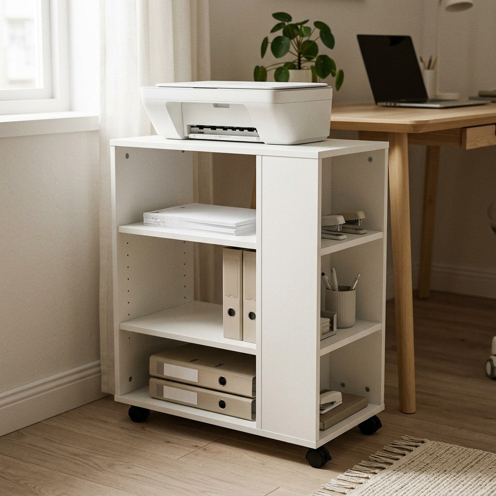 Hvid printervogn paa hjul med aabne rum og sidehylder ved et skrivebord