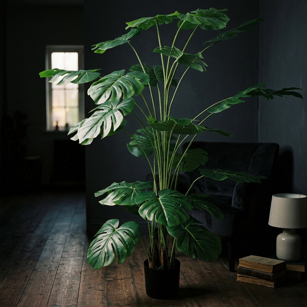 Kunstig monstera 180 cm i sort krukke lyser et moerkt hjoerne op
