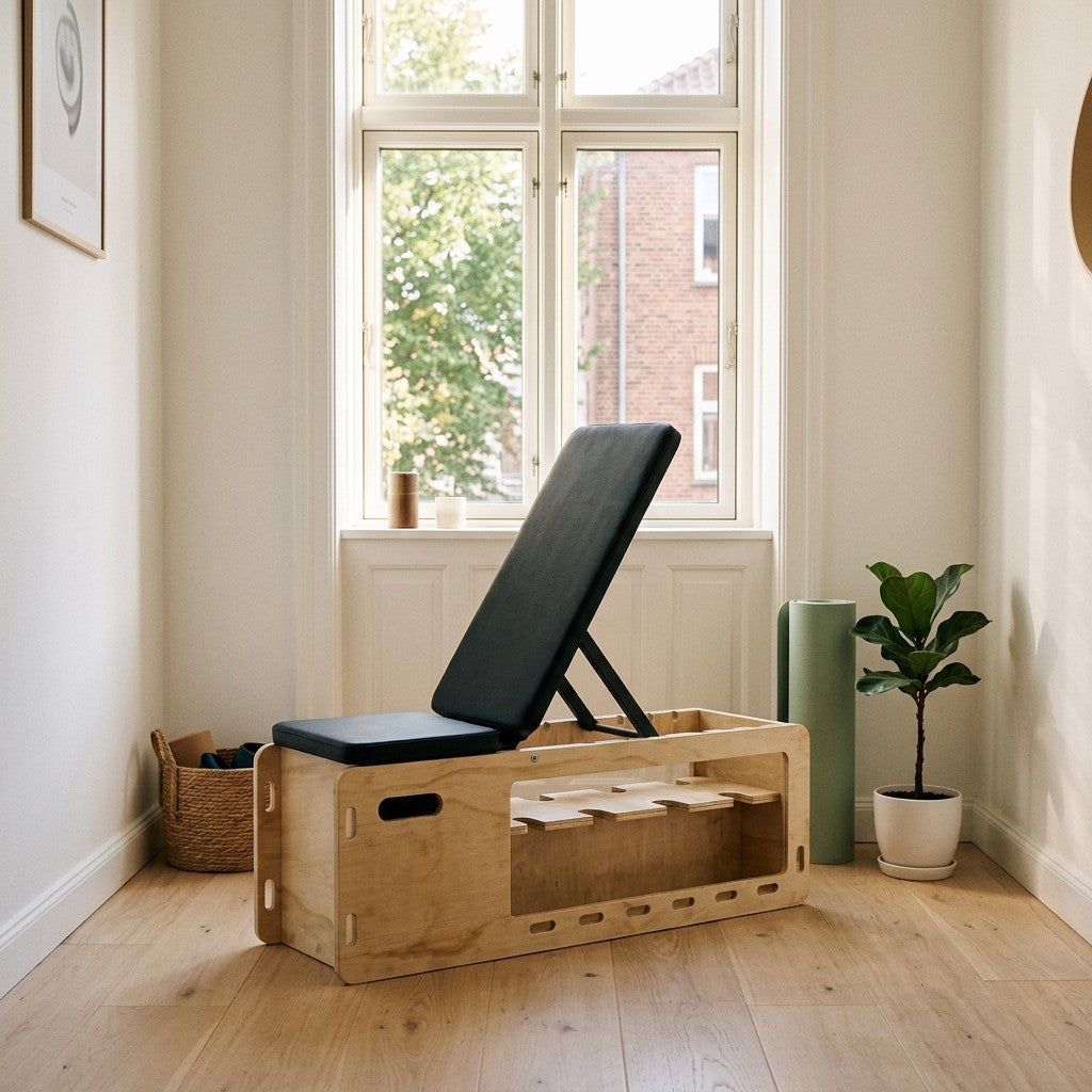 Justerbar vægtbænk i træ med sort sæde i et lyst, skandinavisk hjørne med yogamåtte og potteplante, klar til hjemmetræning