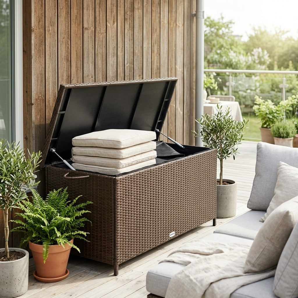 Brun polyrattan hyndekasse med havehynder indeni på en skandinavisk terrasse i sommerlys, ved en loungesofa