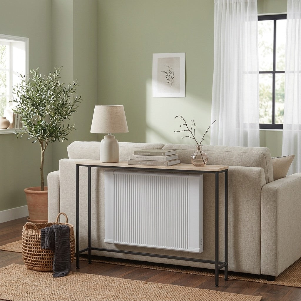 Smalt konsolbord bag en sofa med lampe og bøger ovenpå i en lys skandinavisk stue