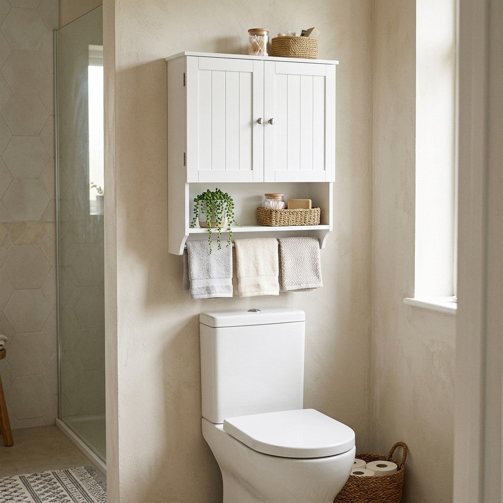 Hvidt vægskab med håndklædestang monteret over toilettet med håndklæder og kurve i et lyst badeværelse