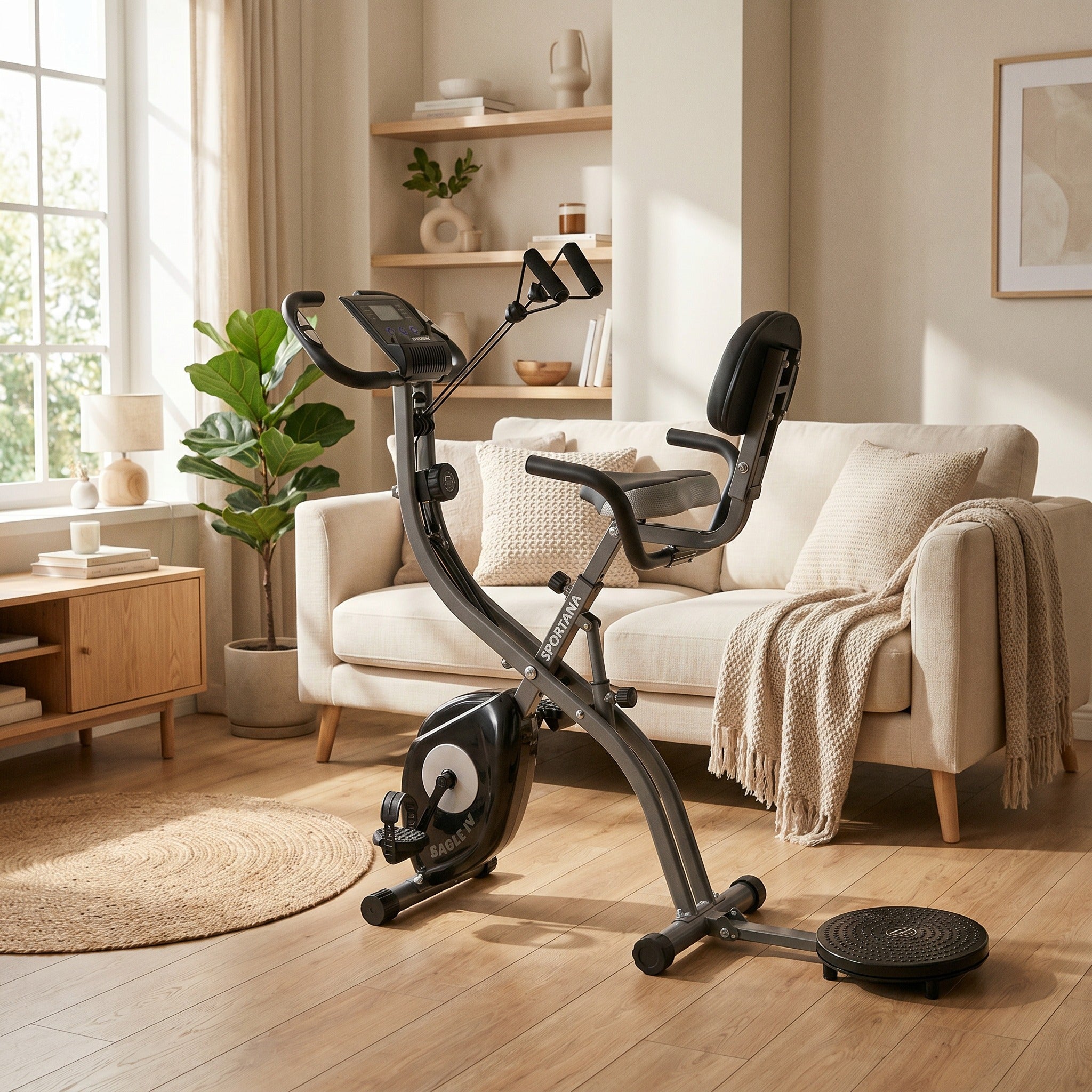 Kompakt foldbar motionscykel foran sofaen i en lille lys stue