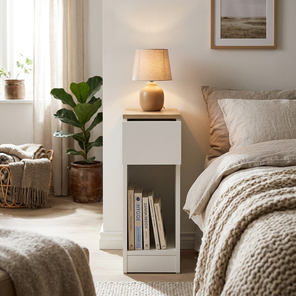 Smalt hvidt sengebord med skuffe og aaben hylde ved en seng i et lyst dansk soevevaerelse med lampe og boeger