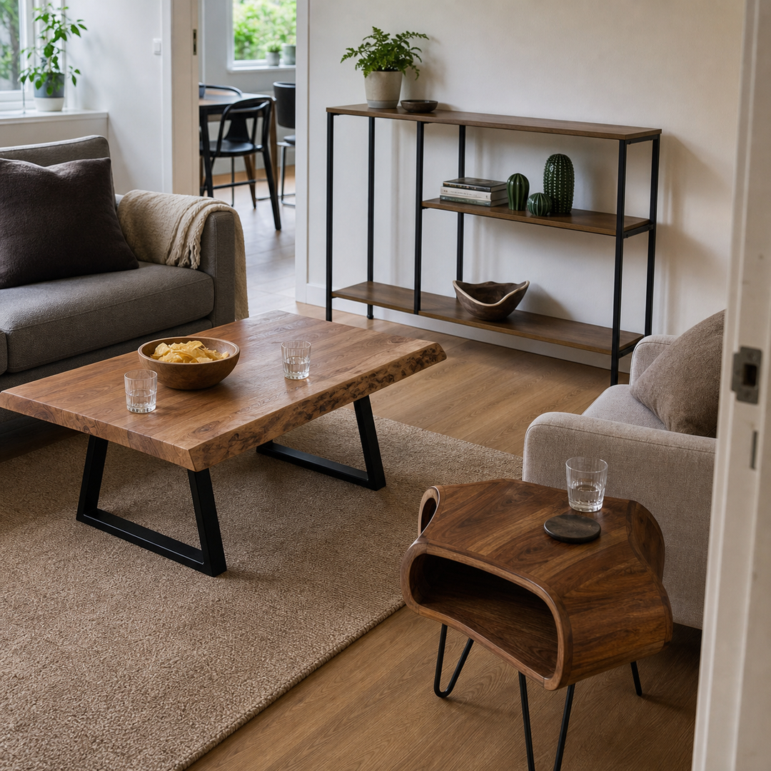 Gæsteklar stue med tre afsætningssteder omkring sofaen