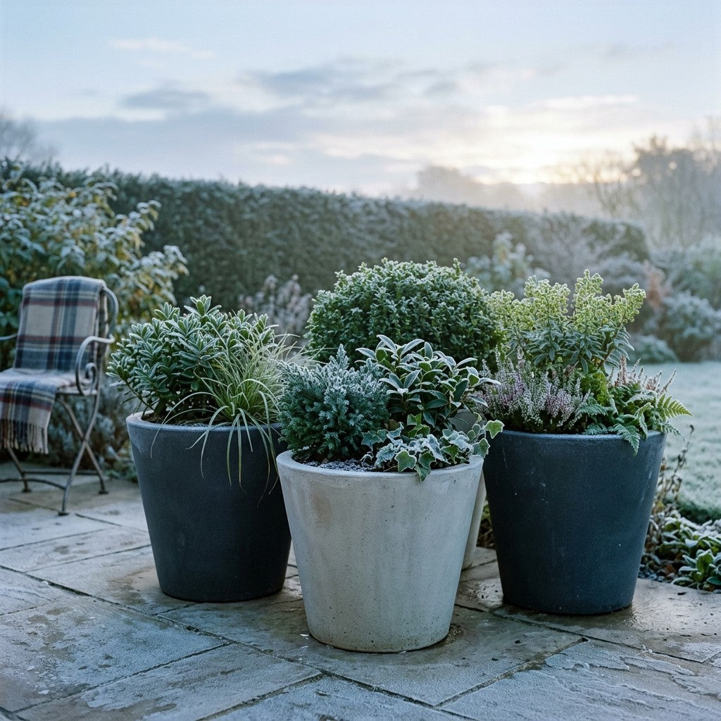 Tre vejrbestandige plantekrukker i antracit og lysegrå på en terrasse med let morgenfrost på kanten
