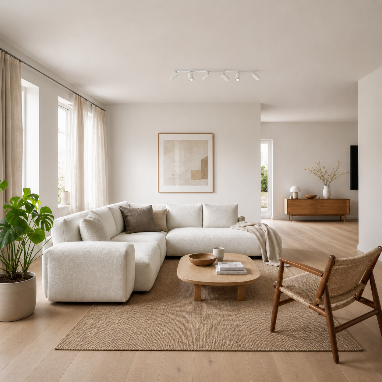 Lav stue med kompakt hvid loftlampe monteret tæt på loftet