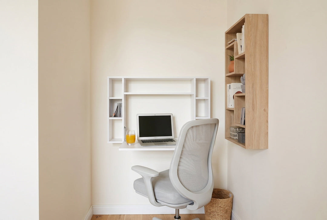 Lille hjemmekontor i et hjørne med foldbart vægskrivebord, grå ergonomisk kontorstol og hængende træreol